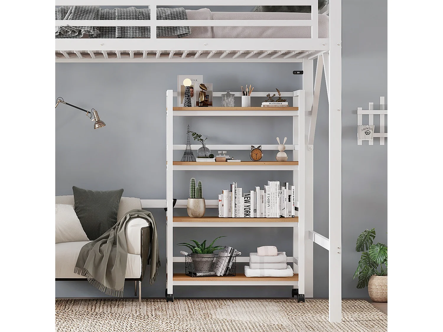 Hochbett 90x200 cm - mit Ablageregal und Rollen - mit Kleiderstange und Leiter - Metall + MDF - Weiß + Natur