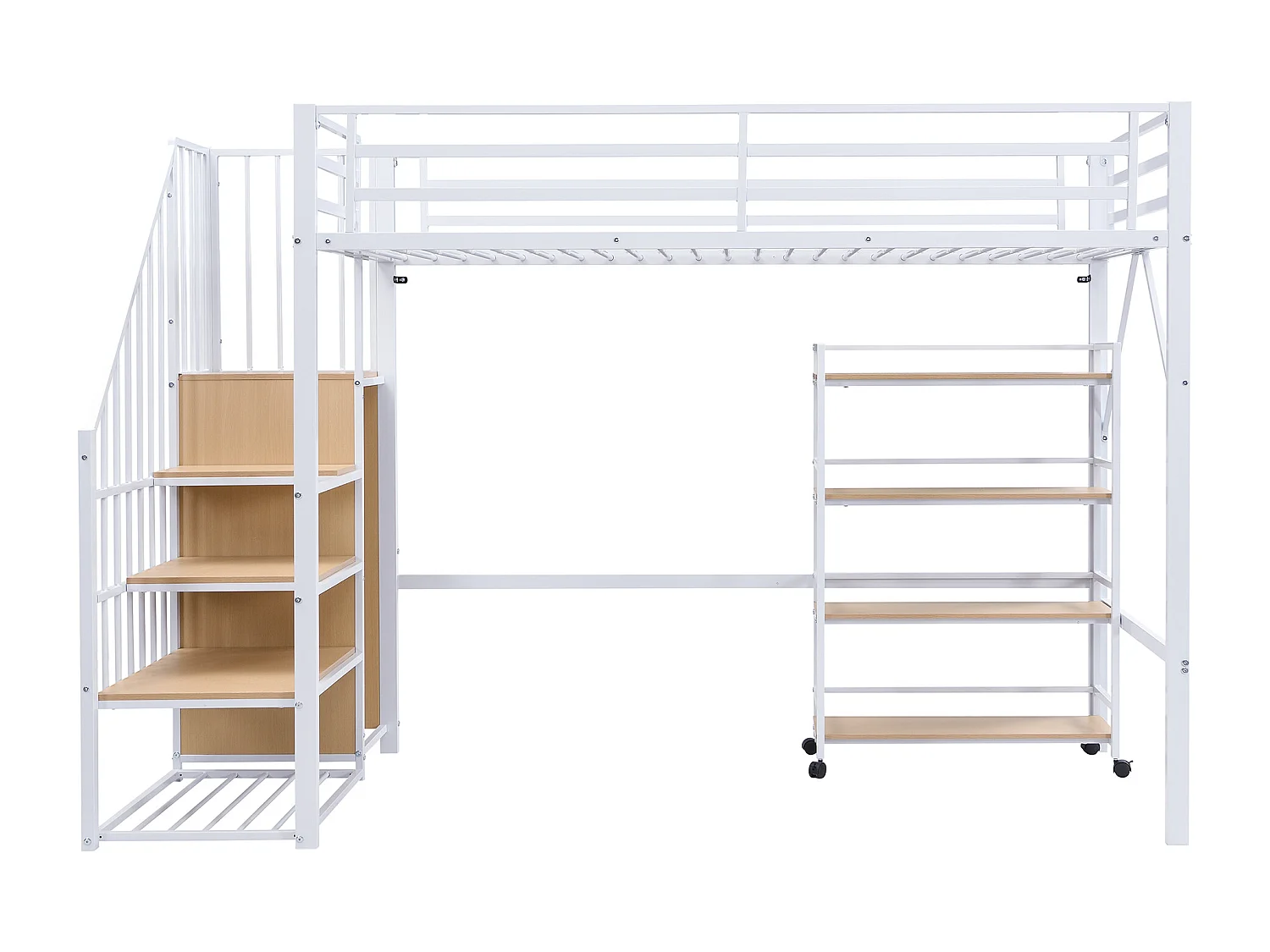 Hochbett 90x200 cm - mit Ablageregal und Rollen - mit Kleiderstange und Leiter - Metall + MDF - Weiß + Natur