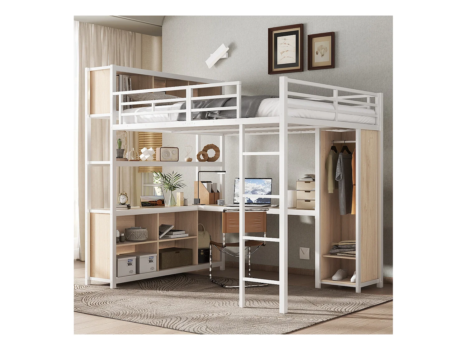 Lit mezzanine en fer - 140 x 200 cm - avec étagère de rangement + bureau + penderie - fer + aggloméré - blanc
