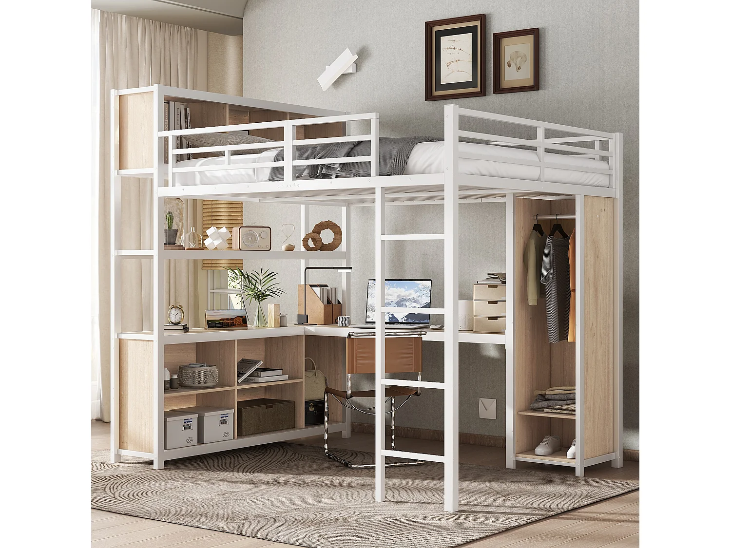 Lit mezzanine en fer - 140 x 200 cm - avec étagère de rangement + bureau + penderie - fer + aggloméré - blanc