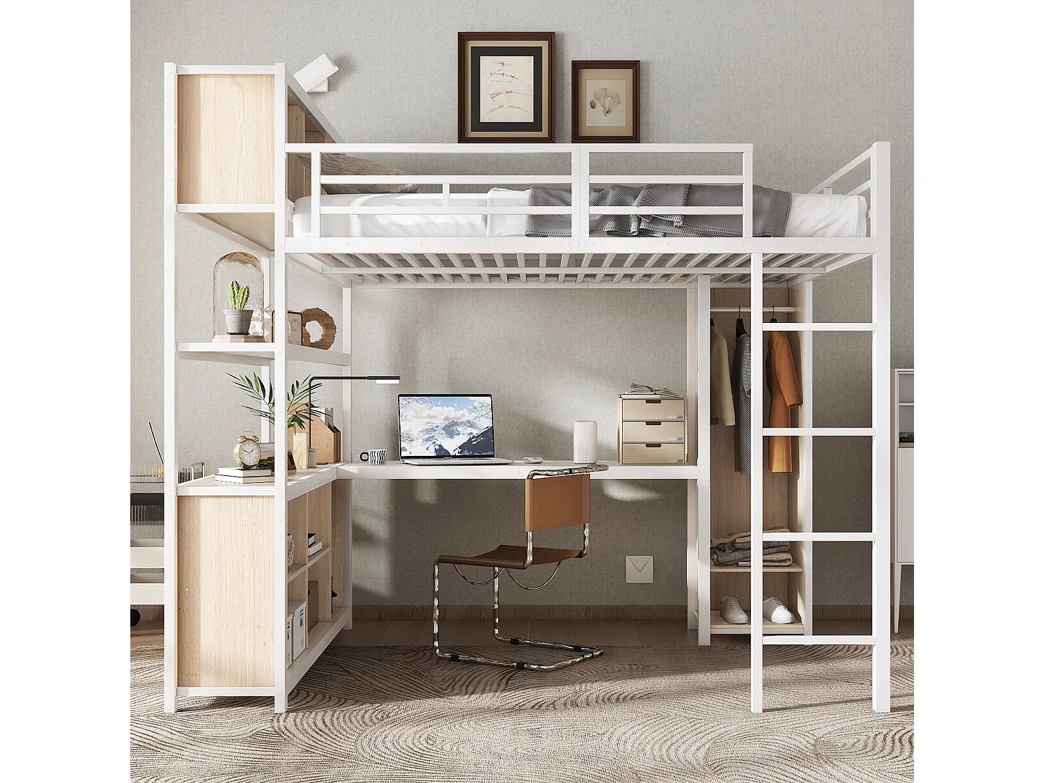 Lit mezzanine en fer - 140 x 200 cm - avec étagère de rangement + bureau + penderie - fer + aggloméré - blanc