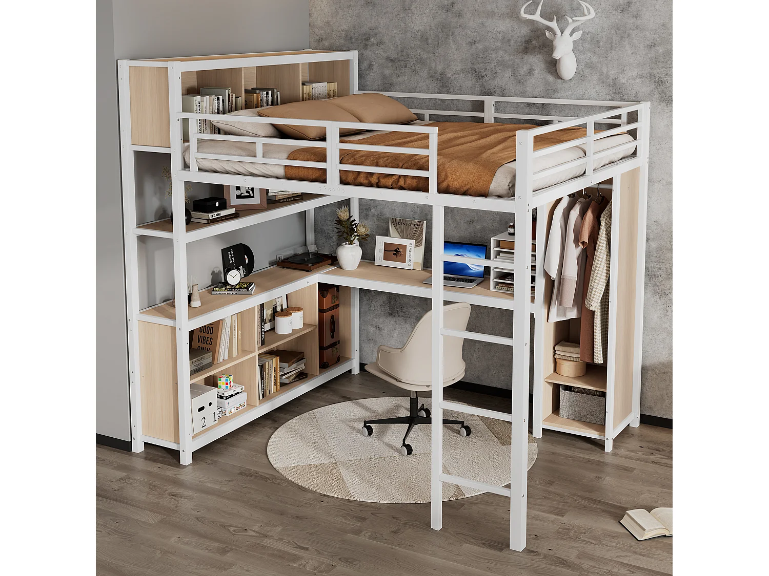 Lit mezzanine en fer - 140 x 200 cm - avec étagère de rangement + bureau + penderie - fer + aggloméré - blanc