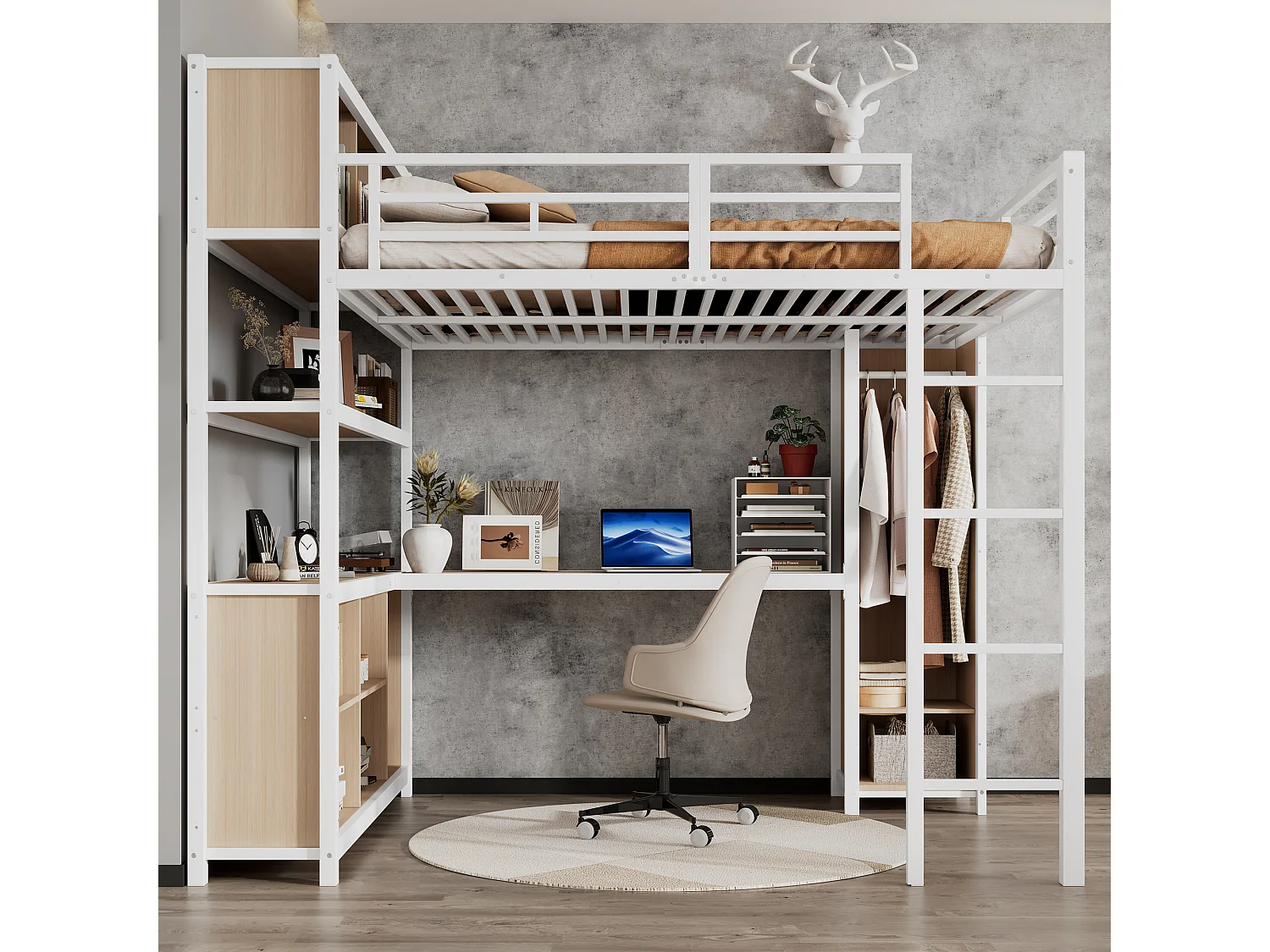 Lit mezzanine en fer - 140 x 200 cm - avec étagère de rangement + bureau + penderie - fer + aggloméré - blanc