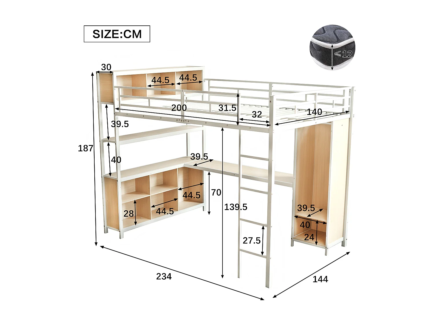 Lit mezzanine en fer - 140 x 200 cm - avec étagère de rangement + bureau + penderie - fer + aggloméré - blanc