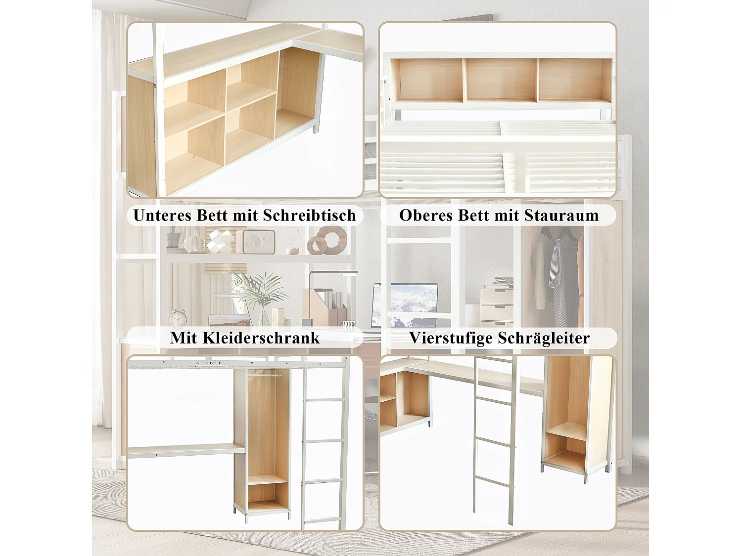 Lit mezzanine en fer - 140 x 200 cm - avec étagère de rangement + bureau + penderie - fer + aggloméré - blanc