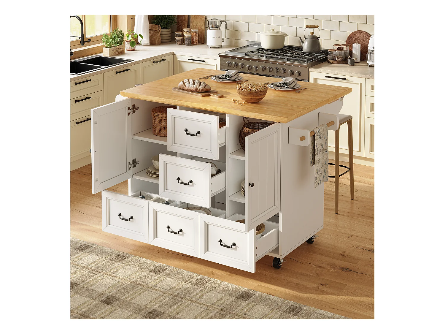 Îlot central extensible à roulettes - 120 x 73(45)x 93 cm - avec étagères + 2 portes + 3 tiroirs - MDF + métal - blanc