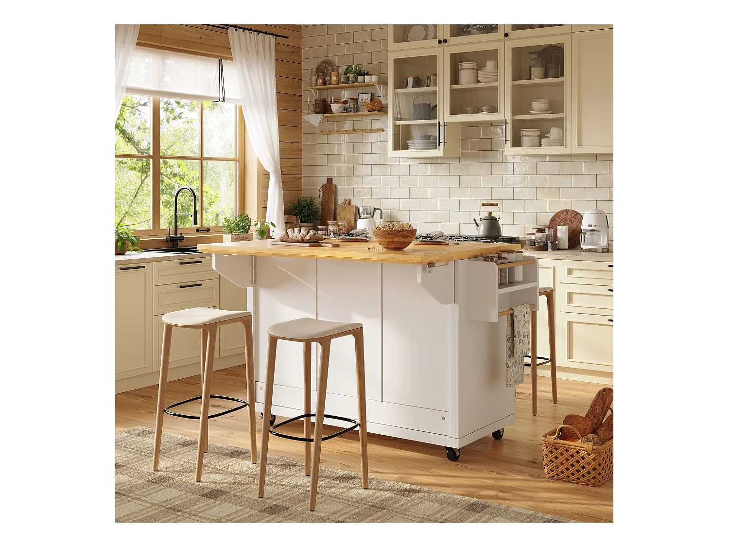 Îlot central extensible à roulettes - 120 x 73(45)x 93 cm - avec étagères + 2 portes + 3 tiroirs - MDF + métal - blanc