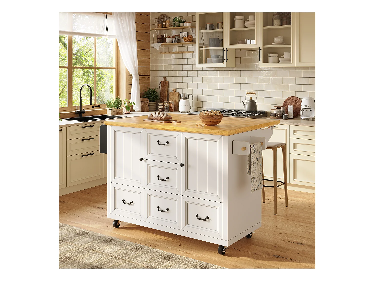 Îlot central extensible à roulettes - 120 x 73(45)x 93 cm - avec étagères + 2 portes + 3 tiroirs - MDF + métal - blanc