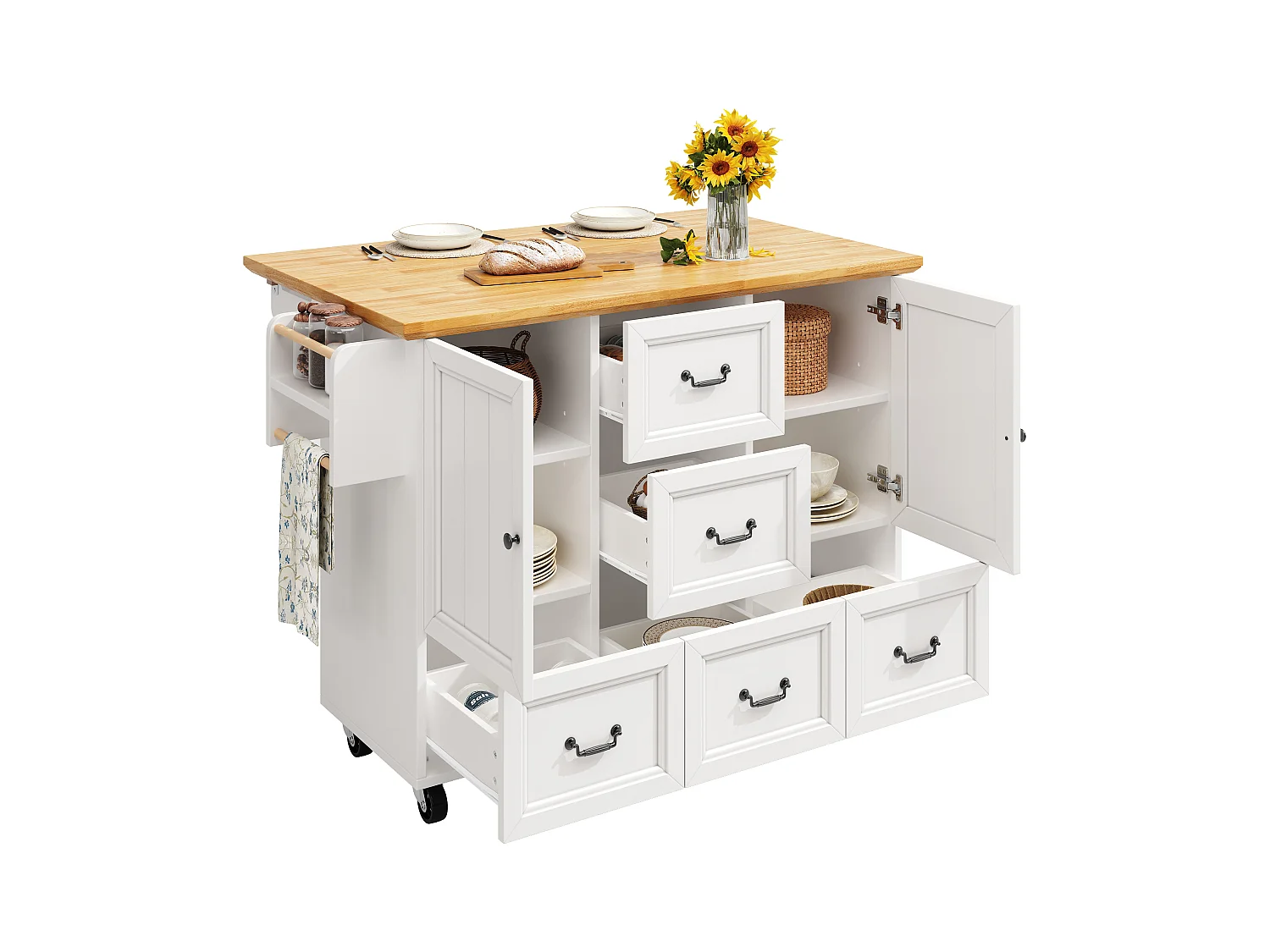 Îlot central extensible à roulettes - 120 x 73(45)x 93 cm - avec étagères + 2 portes + 3 tiroirs - MDF + métal - blanc