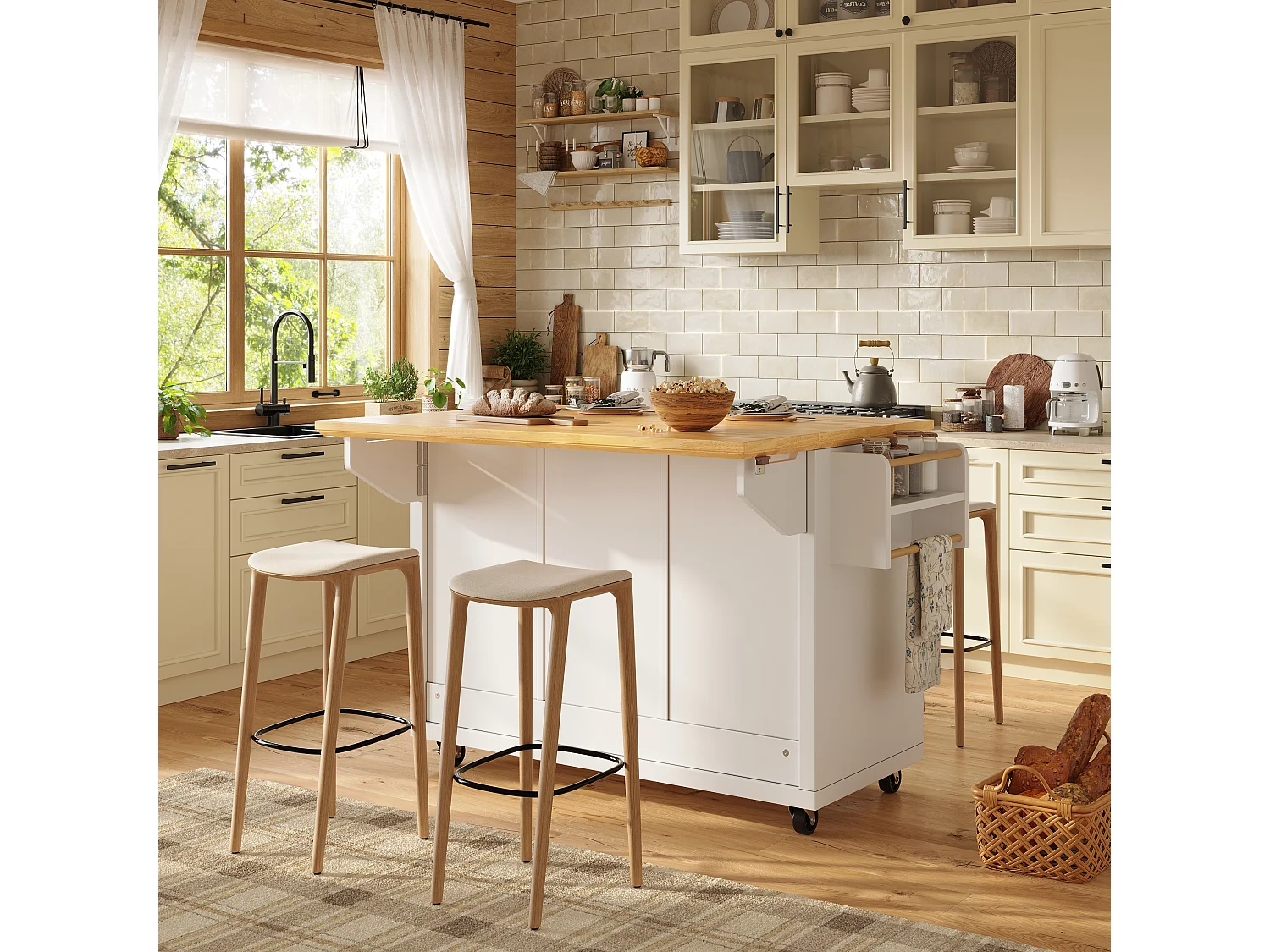 Îlot central extensible à roulettes - 120 x 73(45)x 93 cm - avec étagères + 2 portes + 3 tiroirs - MDF + métal - blanc