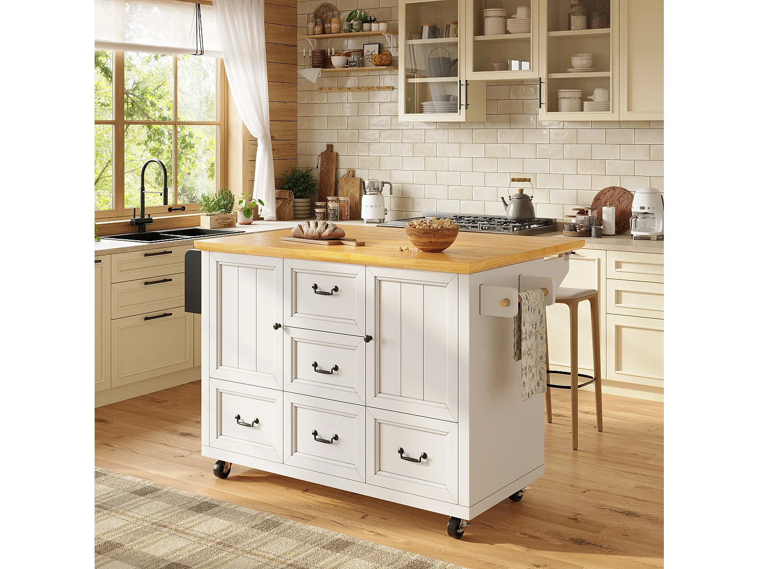 Îlot central extensible à roulettes - 120 x 73(45)x 93 cm - avec étagères + 2 portes + 3 tiroirs - MDF + métal - blanc