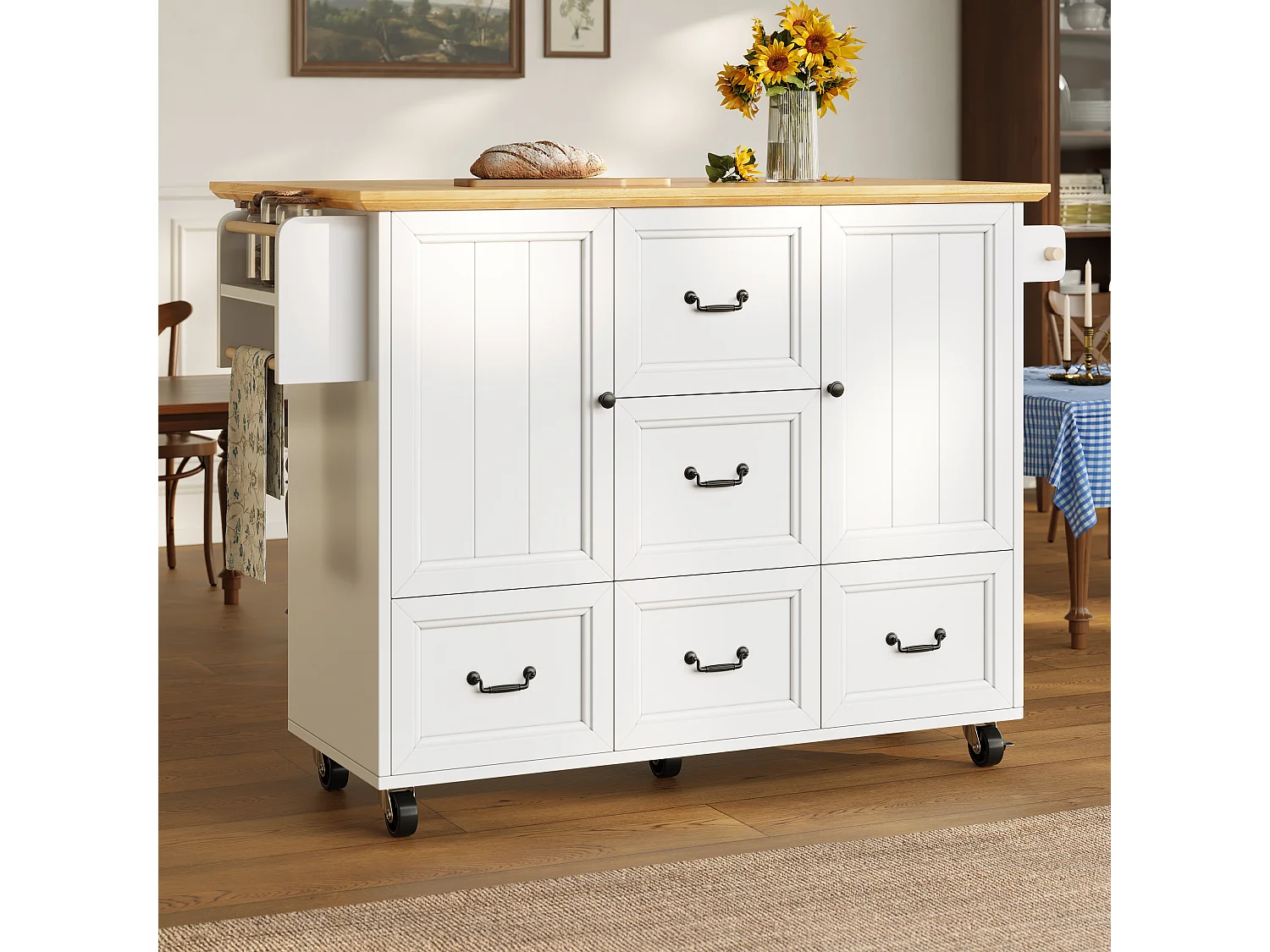 Îlot central extensible à roulettes - 120 x 73(45)x 93 cm - avec étagères + 2 portes + 3 tiroirs - MDF + métal - blanc