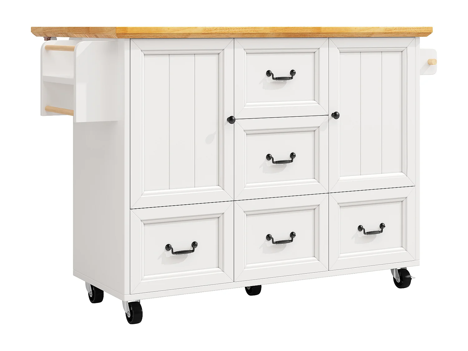 Îlot central extensible à roulettes - 120 x 73(45)x 93 cm - avec étagères + 2 portes + 3 tiroirs - MDF + métal - blanc