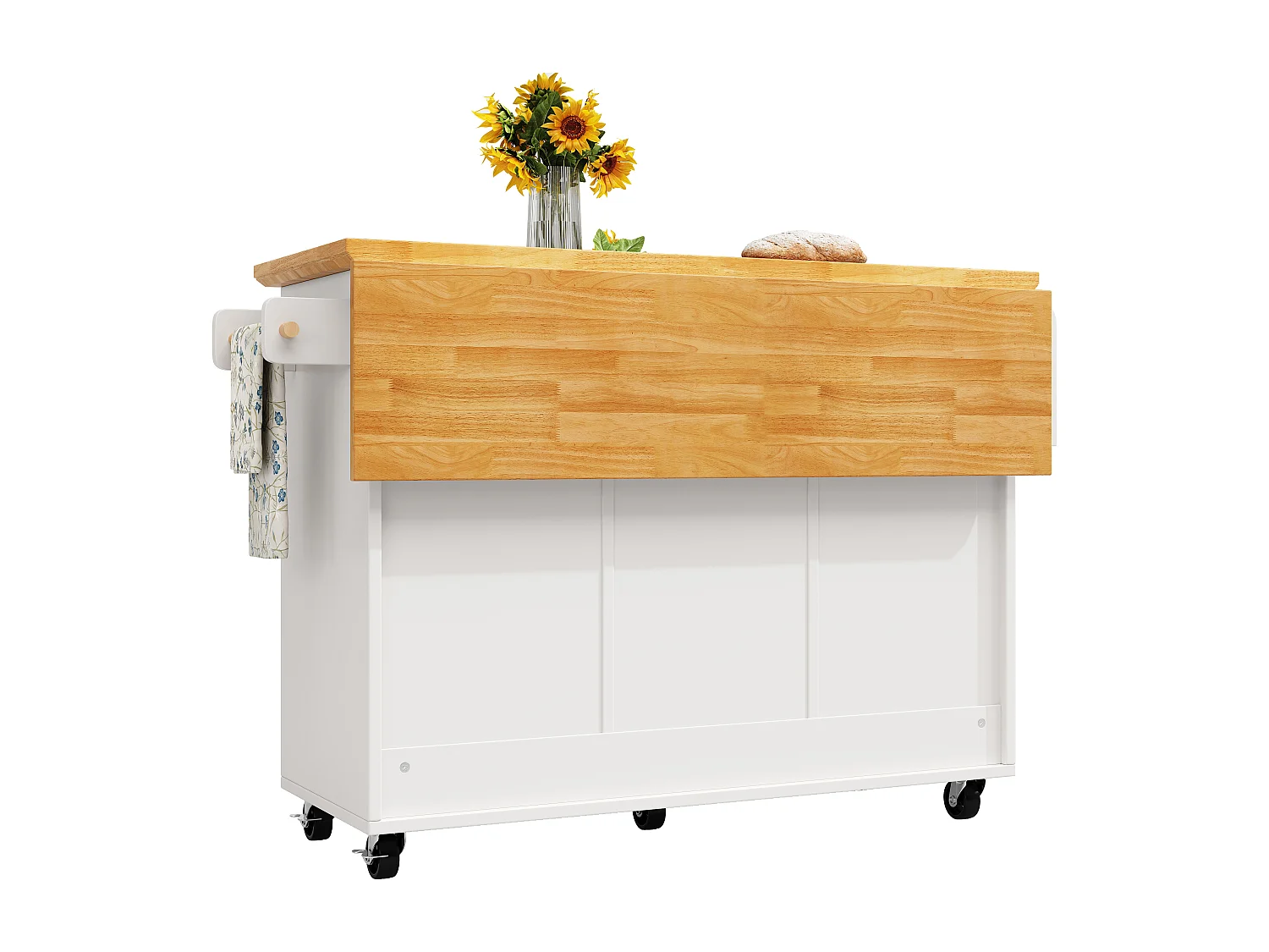 Îlot central extensible à roulettes - 120 x 73(45)x 93 cm - avec étagères + 2 portes + 3 tiroirs - MDF + métal - blanc