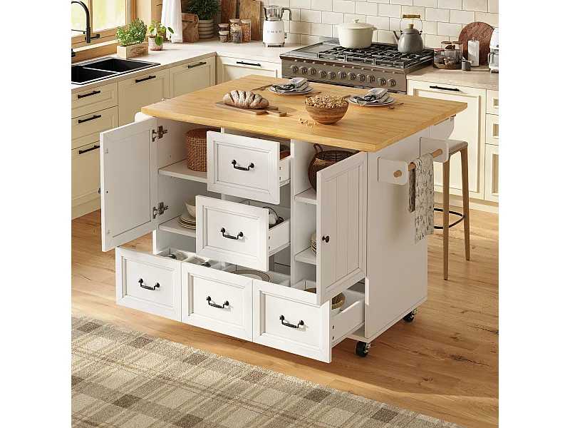 Îlot central extensible à roulettes - 120 x 73(45)x 93 cm - avec étagères + 2 portes + 3 tiroirs - MDF + métal - blanc