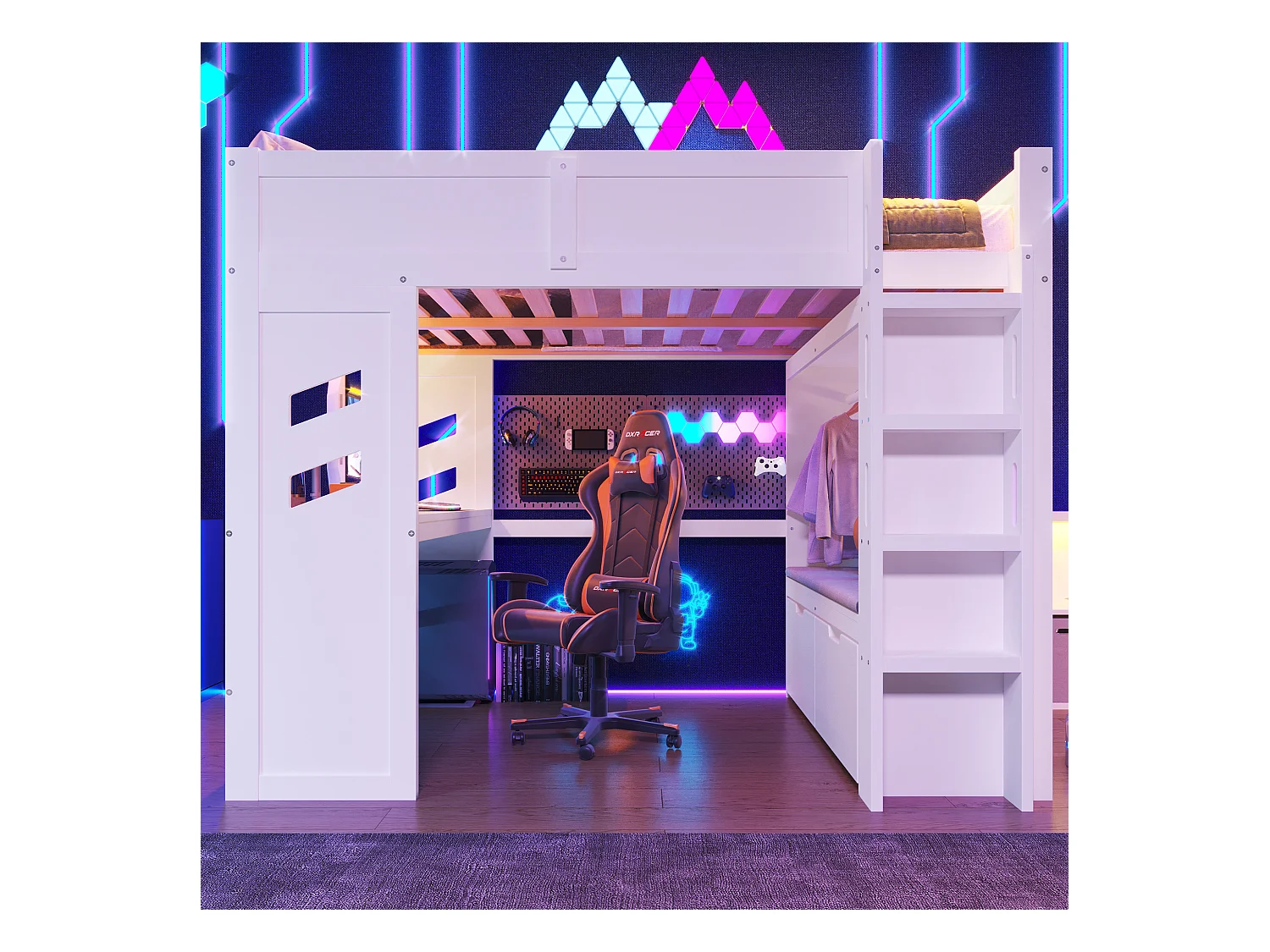 Lit mezzanine 140x200 cm - avec bureau - avec éclairage LED - avec 1 port USB - avec échelle + tiroir + étendoir - Blanc