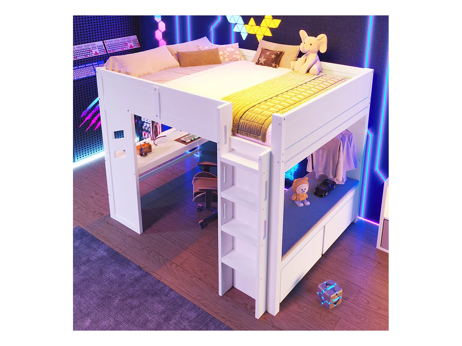 Lit mezzanine 140x200 cm - avec bureau - avec éclairage LED - avec 1 port USB - avec échelle + tiroir + étendoir - Blanc