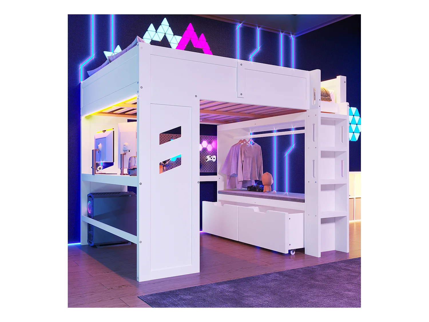 Lit mezzanine 140x200 cm - avec bureau - avec éclairage LED - avec 1 port USB - avec échelle + tiroir + étendoir - Blanc