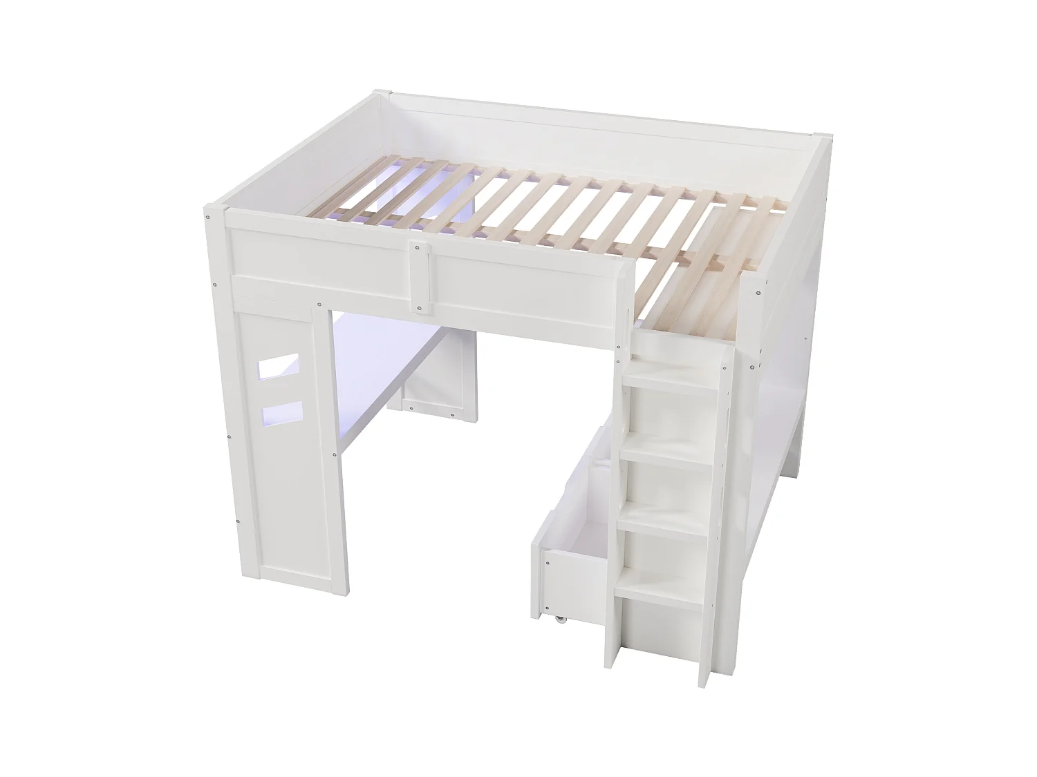 Lit mezzanine 140x200 cm - avec bureau - avec éclairage LED - avec 1 port USB - avec échelle + tiroir + étendoir - Blanc