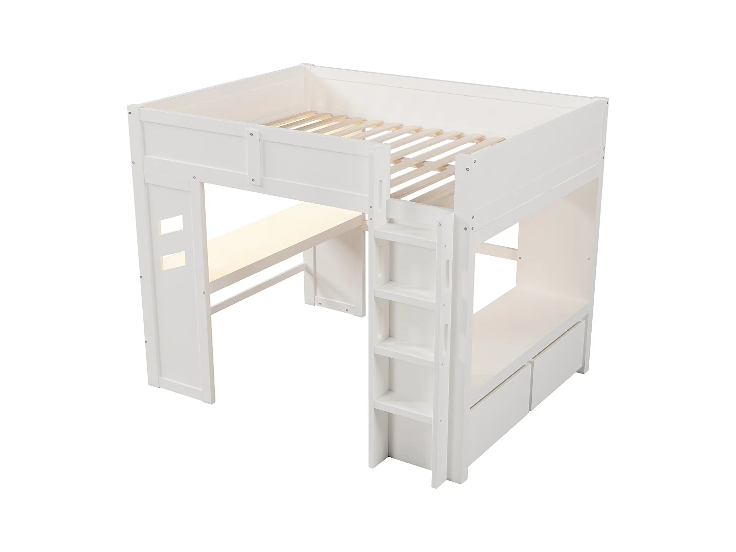 Lit mezzanine 140x200 cm - avec bureau - avec éclairage LED - avec 1 port USB - avec échelle + tiroir + étendoir - Blanc