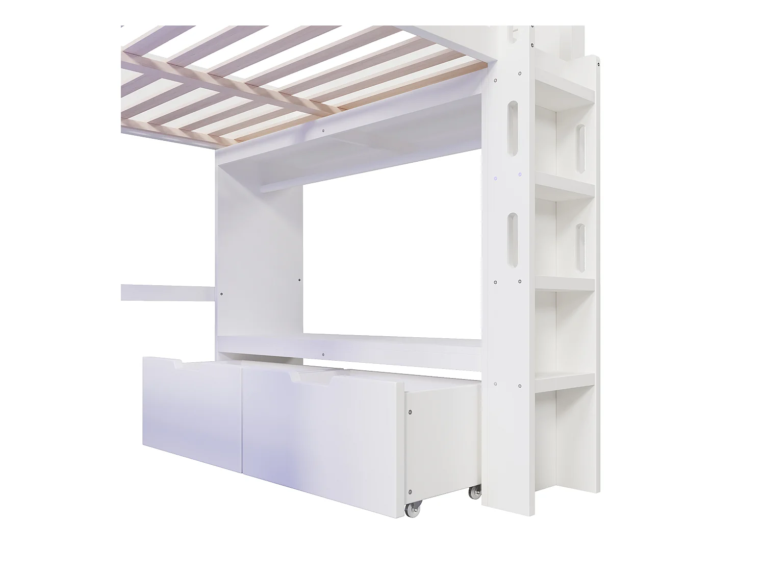 Lit mezzanine 140x200 cm - avec bureau - avec éclairage LED - avec 1 port USB - avec échelle + tiroir + étendoir - Blanc