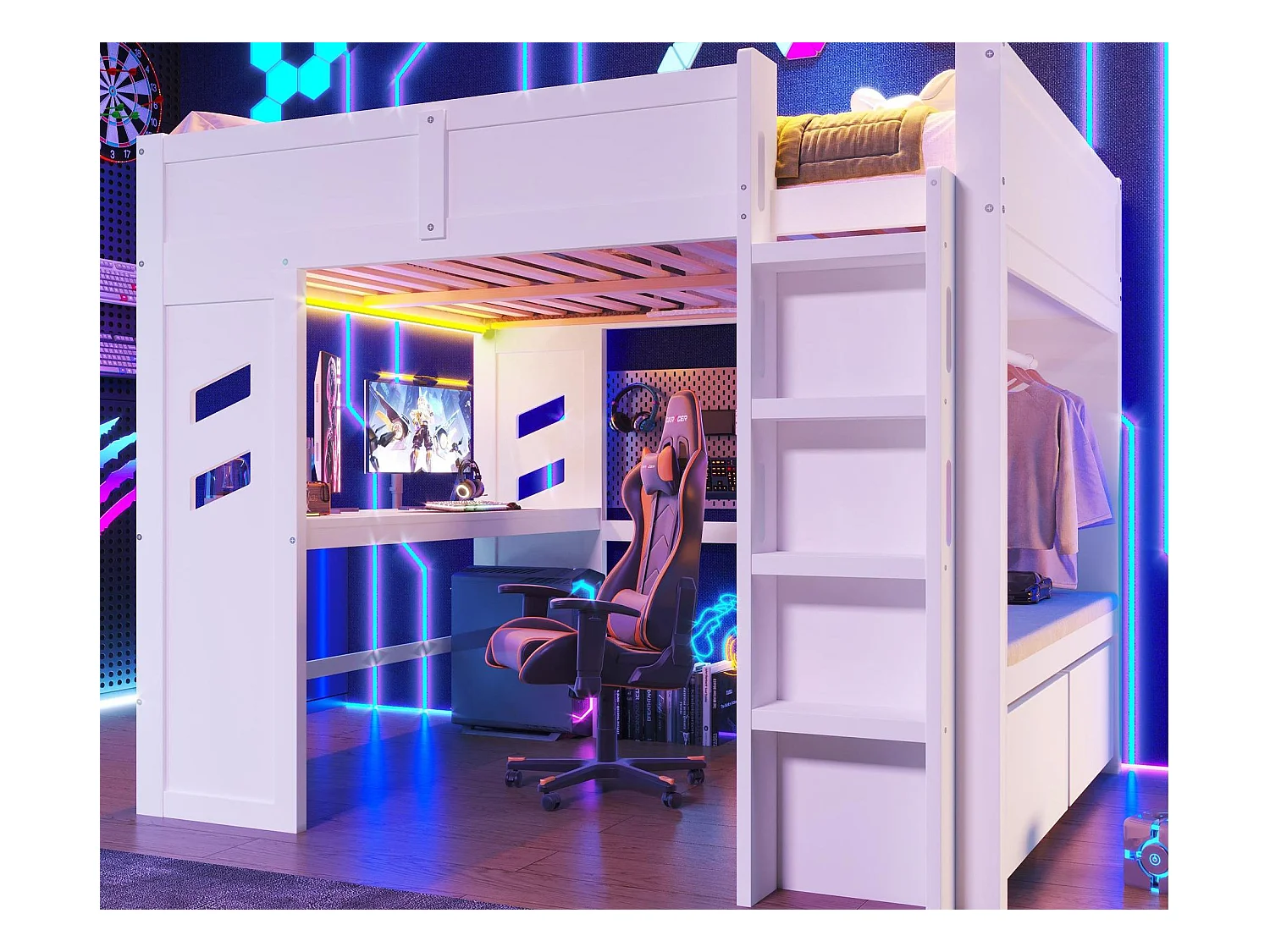 Lit mezzanine 140x200 cm - avec bureau - avec éclairage LED - avec 1 port USB - avec échelle + tiroir + étendoir - Blanc