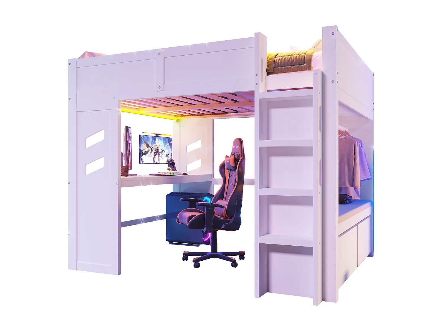 Letto soppalcato 140x200 cm - con scrivania - con illuminazione LED - con 1 porta USB - con scala + cassetto + stendibiancheria - Bianco