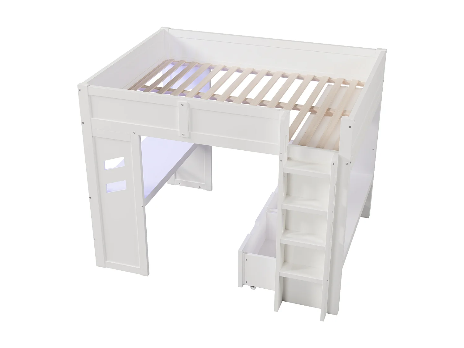 Letto soppalcato 140x200 cm - con scrivania - con illuminazione LED - con 1 porta USB - con scala + cassetto + stendibiancheria - Bianco