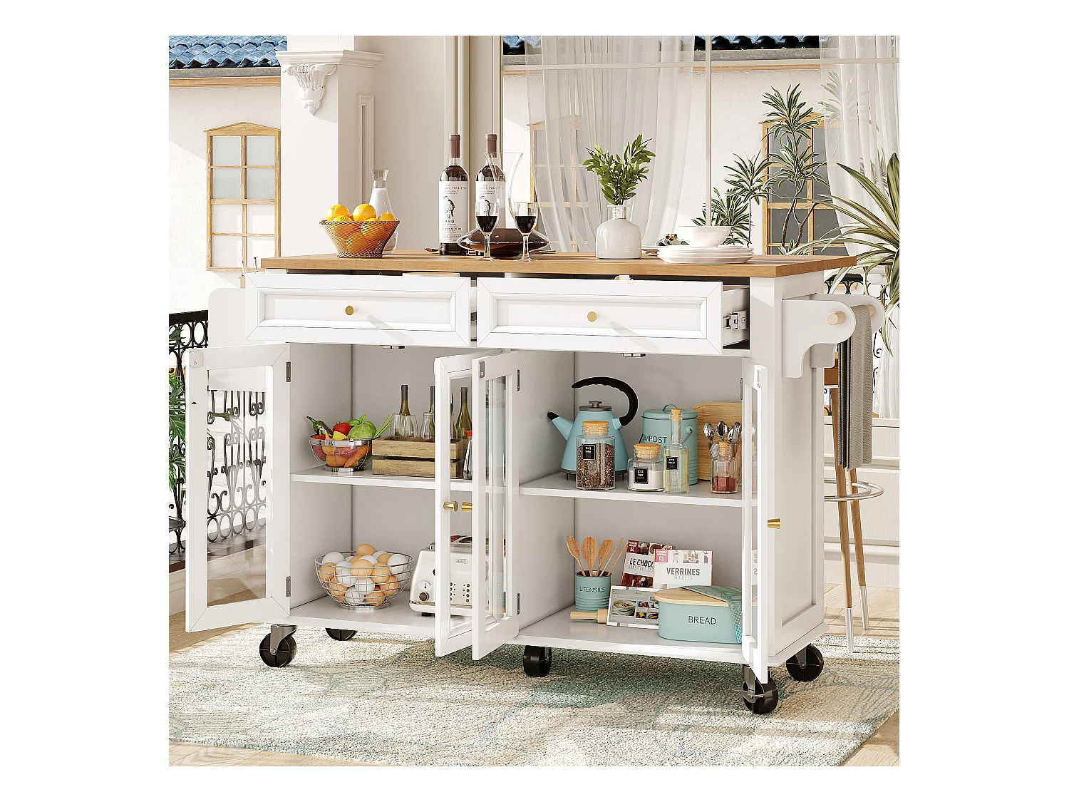 Îlot central extensible à roulettes - 140 x 73.5(44.5)x 90 cm - avec 4 portes + 2 tiroirs - MDF - blanc