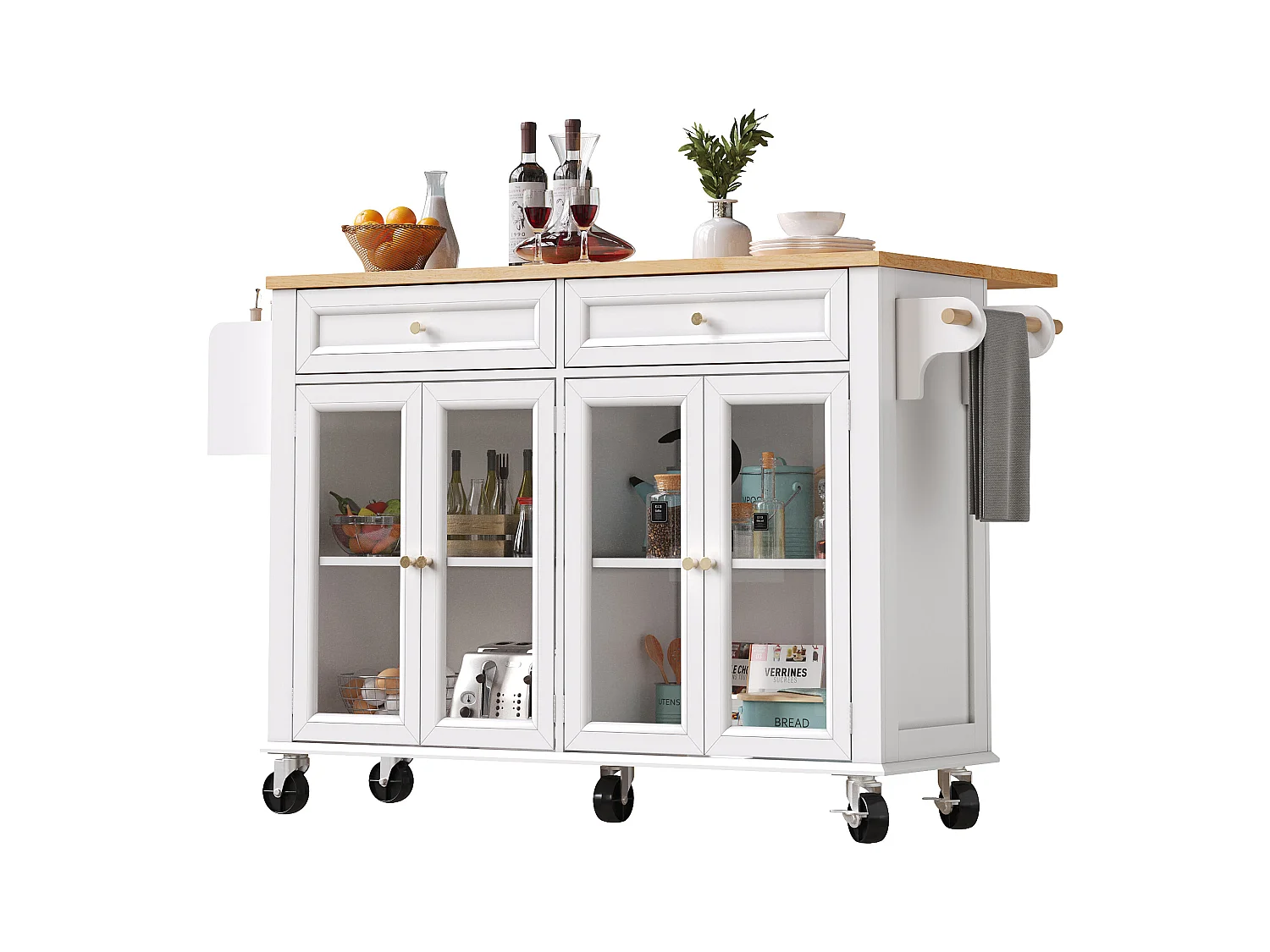 Îlot central extensible à roulettes - 140 x 73.5(44.5)x 90 cm - avec 4 portes + 2 tiroirs - MDF - blanc