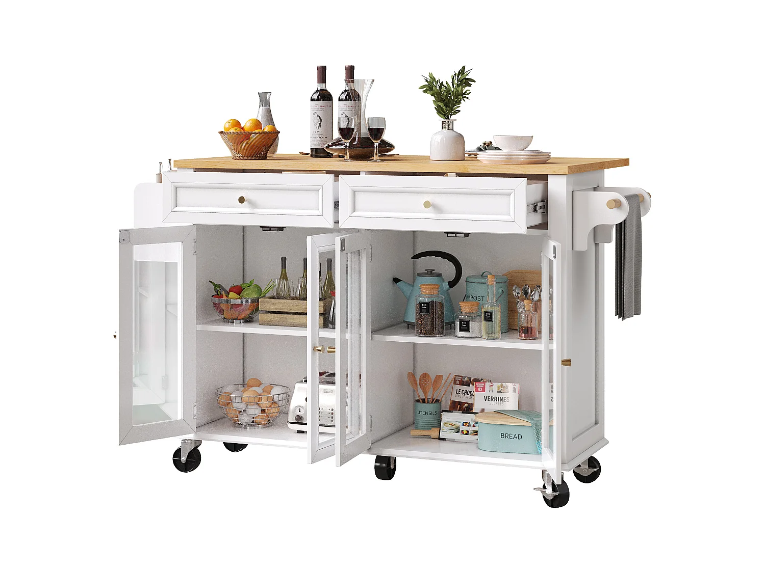 Îlot central extensible à roulettes - 140 x 73.5(44.5)x 90 cm - avec 4 portes + 2 tiroirs - MDF - blanc