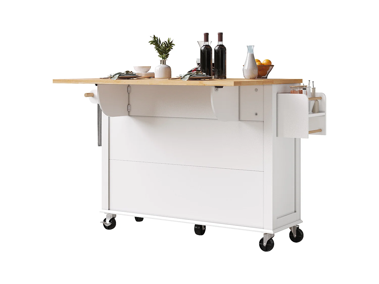 Îlot central extensible à roulettes - 140 x 73.5(44.5)x 90 cm - avec 4 portes + 2 tiroirs - MDF - blanc