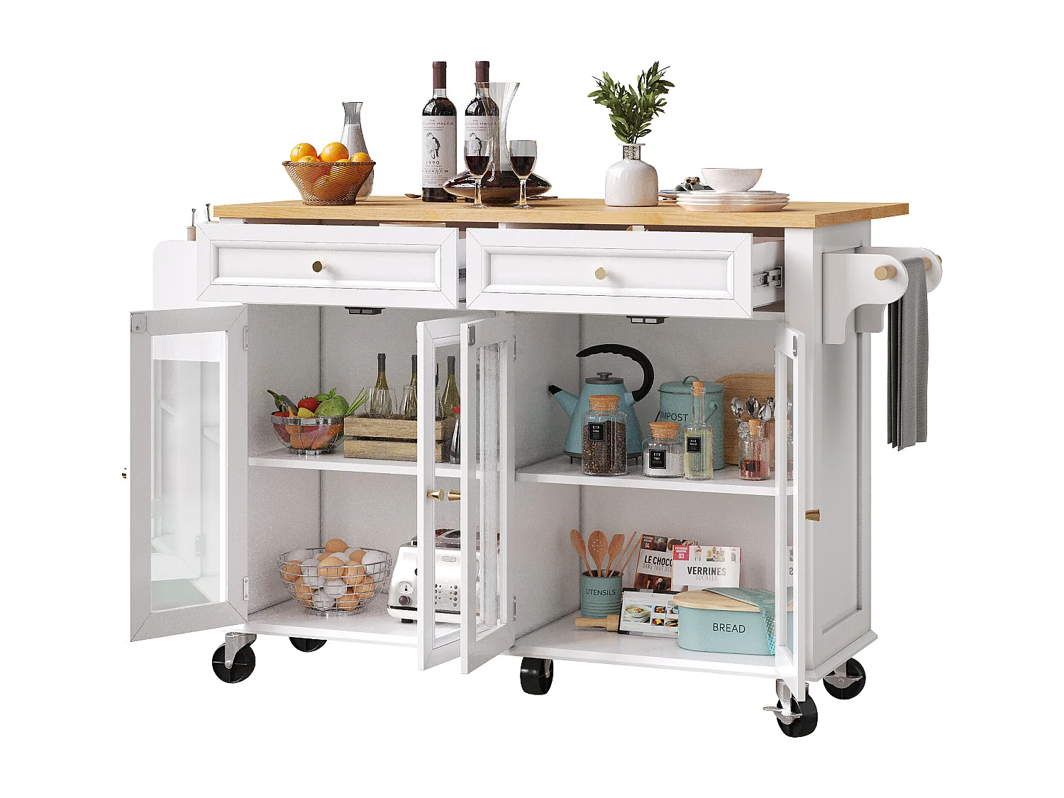 Îlot central extensible à roulettes - 140 x 73.5(44.5)x 90 cm - avec 4 portes + 2 tiroirs - MDF - blanc