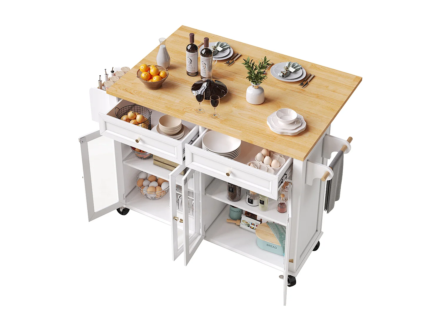 Îlot central extensible à roulettes - 140 x 73.5(44.5)x 90 cm - avec 4 portes + 2 tiroirs - MDF - blanc