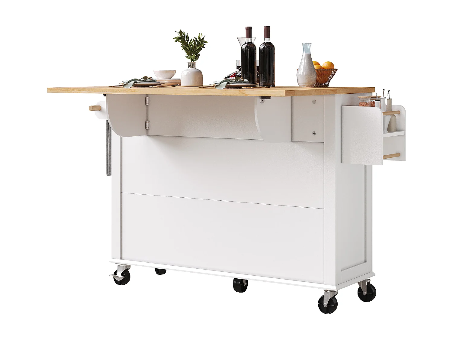 Îlot central extensible à roulettes - 140 x 73.5(44.5)x 90 cm - avec 4 portes + 2 tiroirs - MDF - blanc