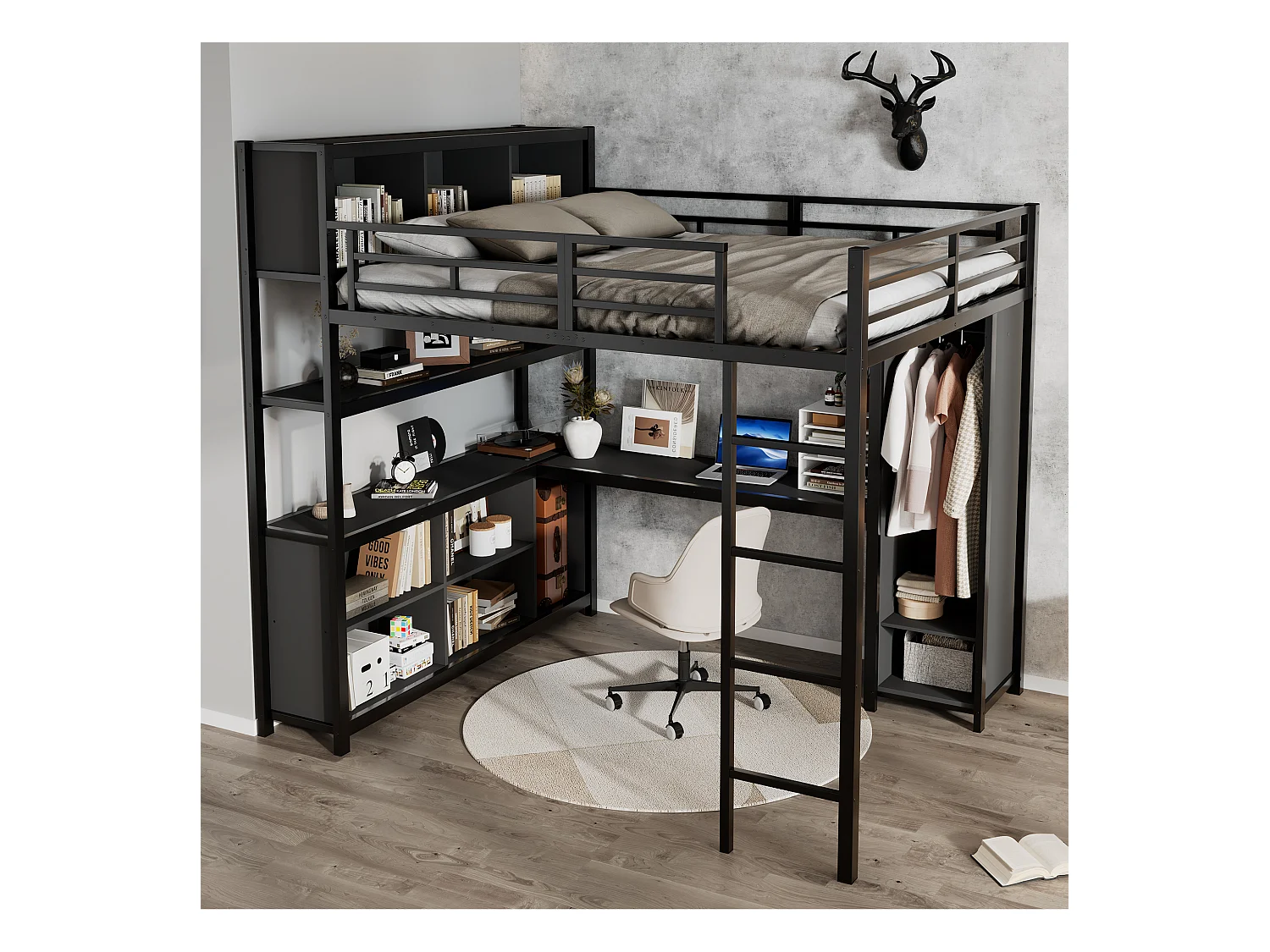 Lit mezzanine en fer - 140 x 200 cm - avec étagère de rangement + bureau + penderie - fer + aggloméré - noir