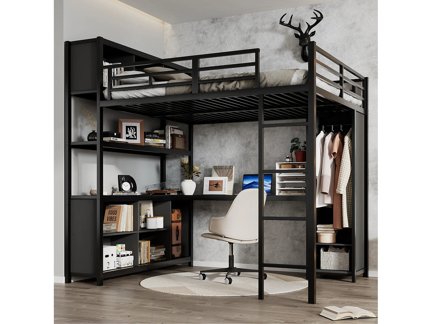 Lit mezzanine en fer - 140 x 200 cm - avec étagère de rangement + bureau + penderie - fer + aggloméré - noir