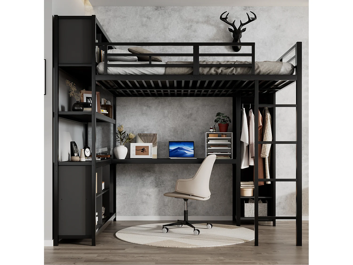 Lit mezzanine en fer - 140 x 200 cm - avec étagère de rangement + bureau + penderie - fer + aggloméré - noir