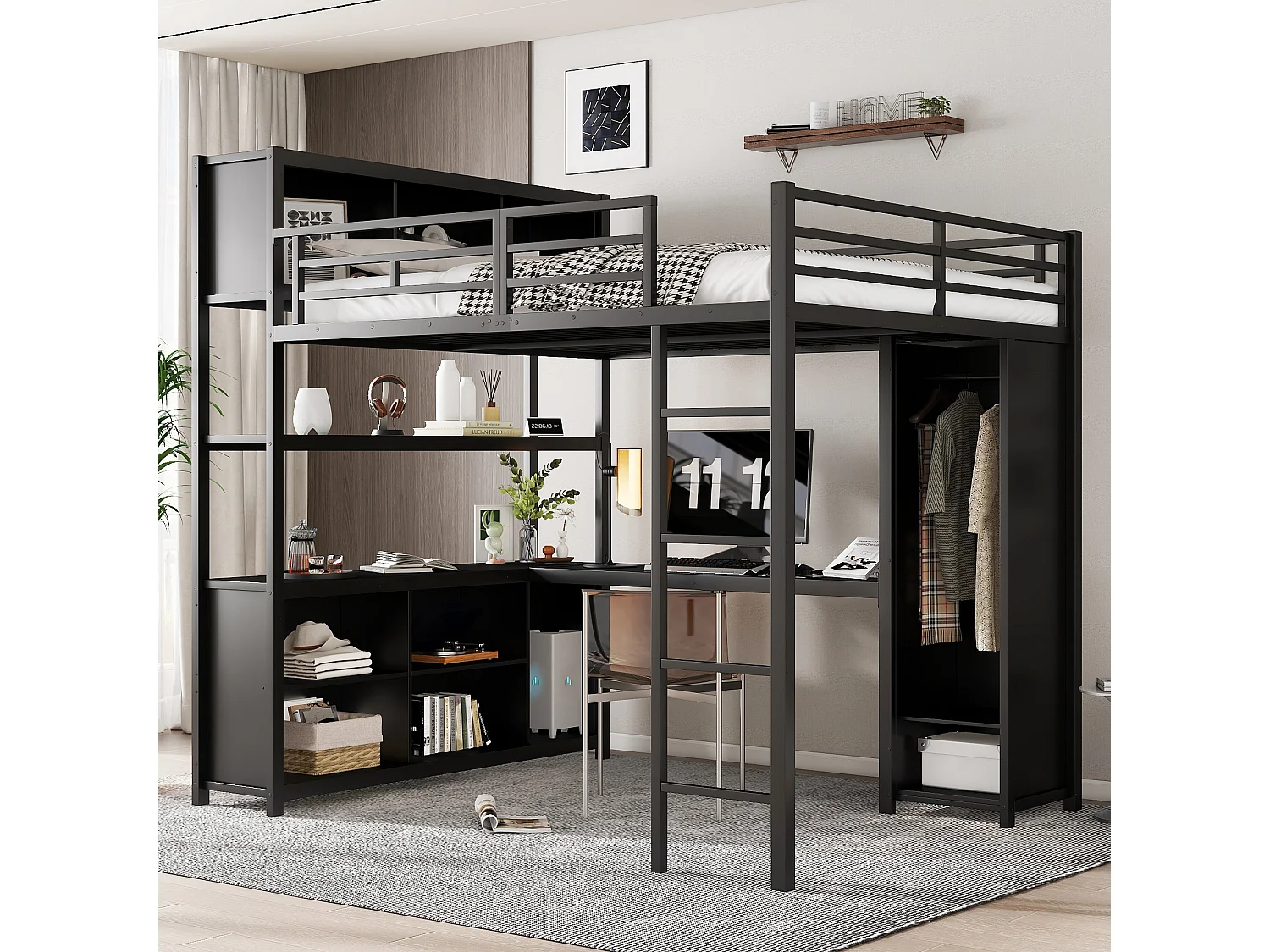 Lit mezzanine en fer - 140 x 200 cm - avec étagère de rangement + bureau + penderie - fer + aggloméré - noir