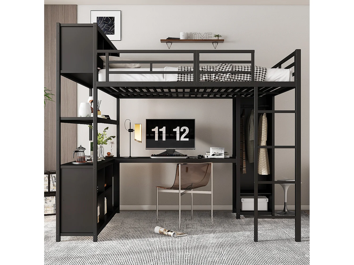 Lit mezzanine en fer - 140 x 200 cm - avec étagère de rangement + bureau + penderie - fer + aggloméré - noir