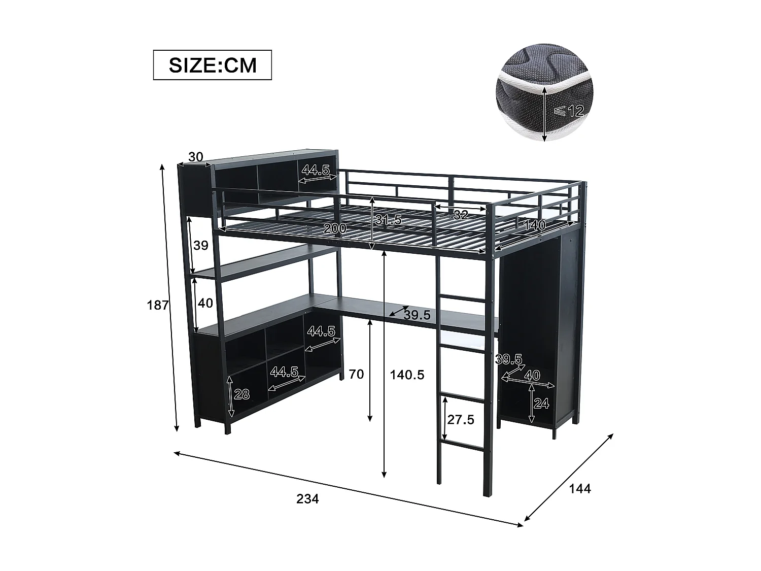Lit mezzanine en fer - 140 x 200 cm - avec étagère de rangement + bureau + penderie - fer + aggloméré - noir