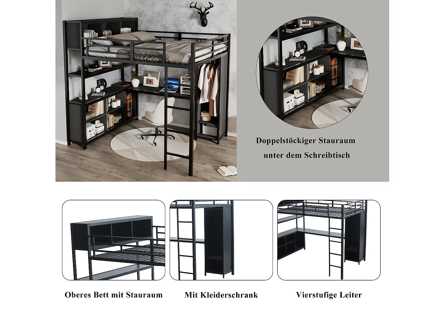 Lit mezzanine en fer - 140 x 200 cm - avec étagère de rangement + bureau + penderie - fer + aggloméré - noir