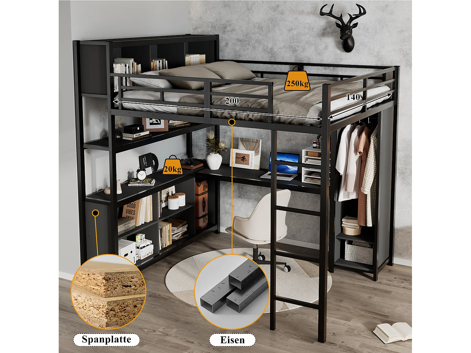 Lit mezzanine en fer - 140 x 200 cm - avec étagère de rangement + bureau + penderie - fer + aggloméré - noir