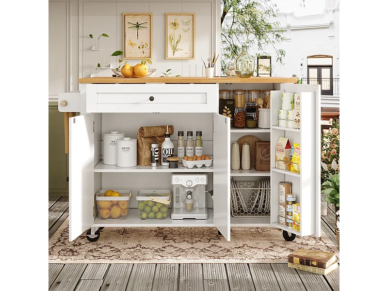 Îlot central extensible à roulettes - 99 x 70 (40) x 90 cm - avec étagères + 3 portes + 1 tiroir - MDF + métal - blanc