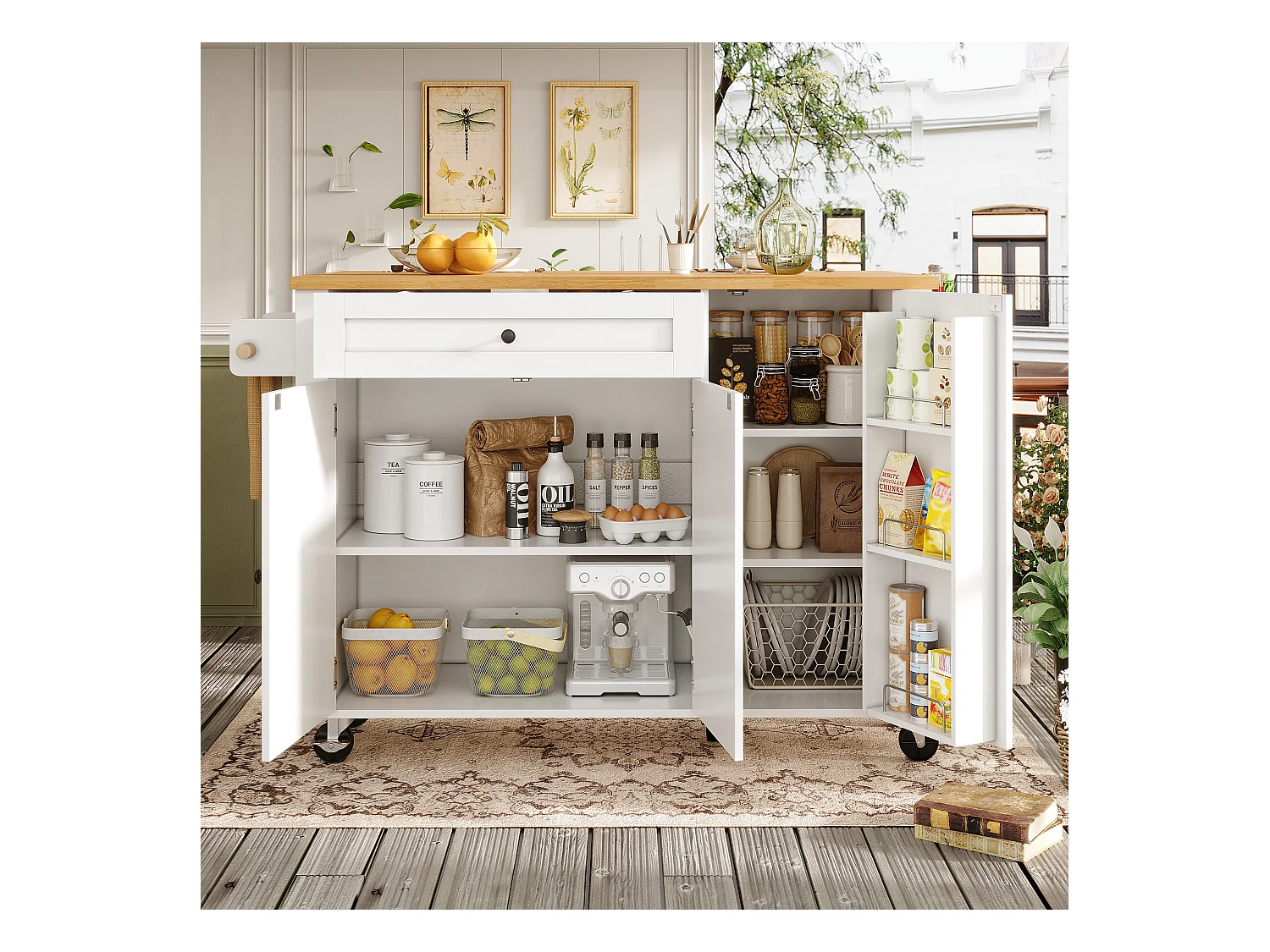 Îlot central extensible à roulettes - 99 x 70 (40) x 90 cm - avec étagères + 3 portes + 1 tiroir - MDF + métal - blanc