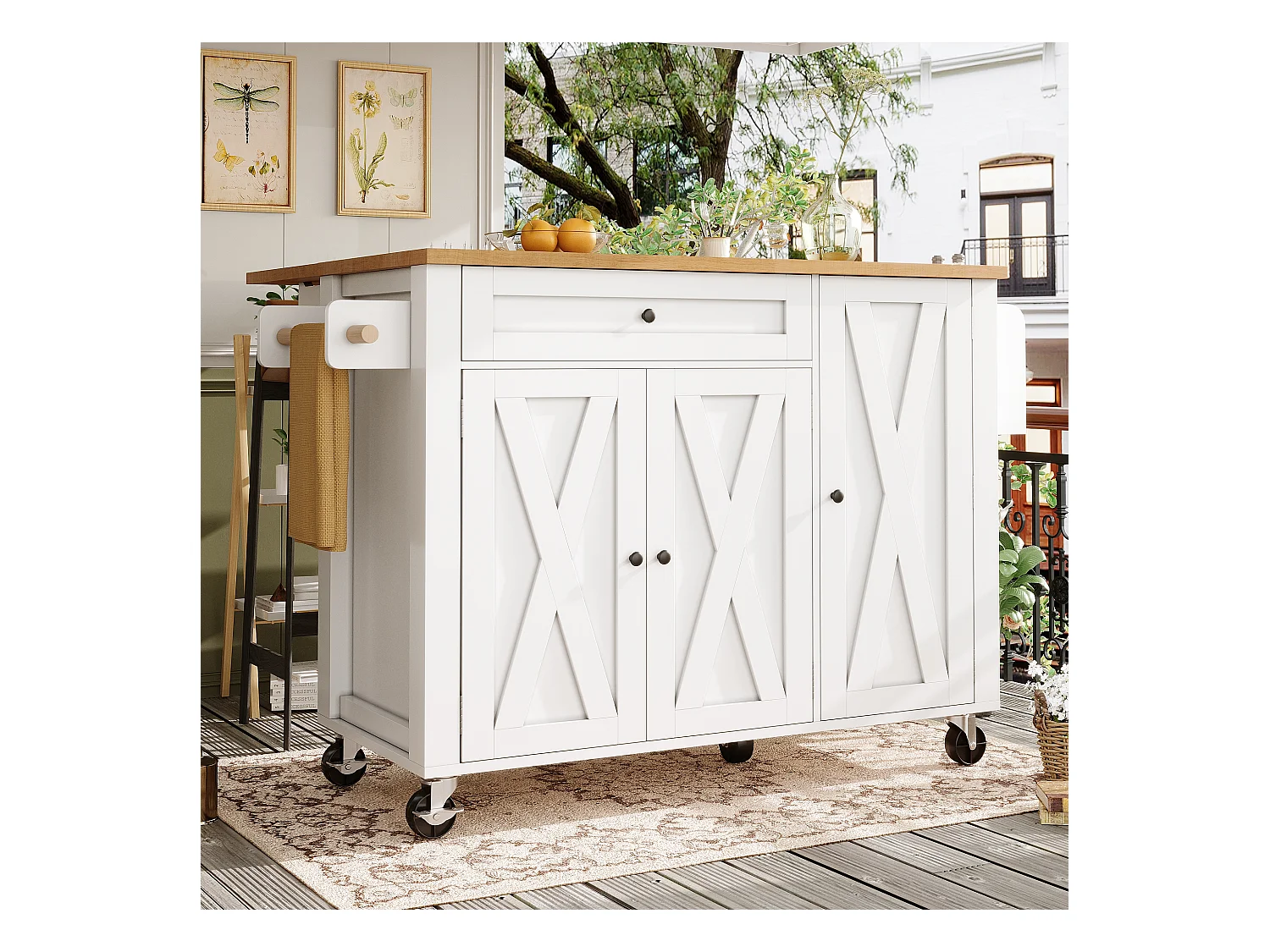 Îlot central extensible à roulettes - 99 x 70 (40) x 90 cm - avec étagères + 3 portes + 1 tiroir - MDF + métal - blanc