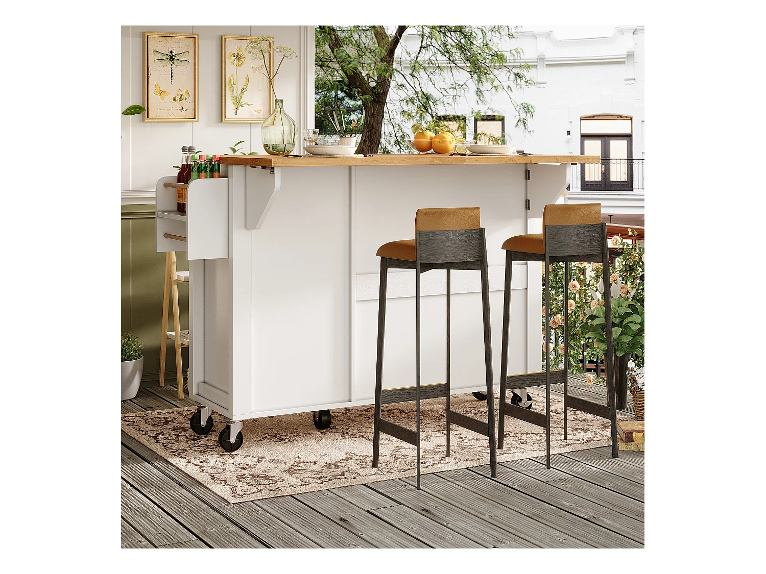 Îlot central extensible à roulettes - 99 x 70 (40) x 90 cm - avec étagères + 3 portes + 1 tiroir - MDF + métal - blanc