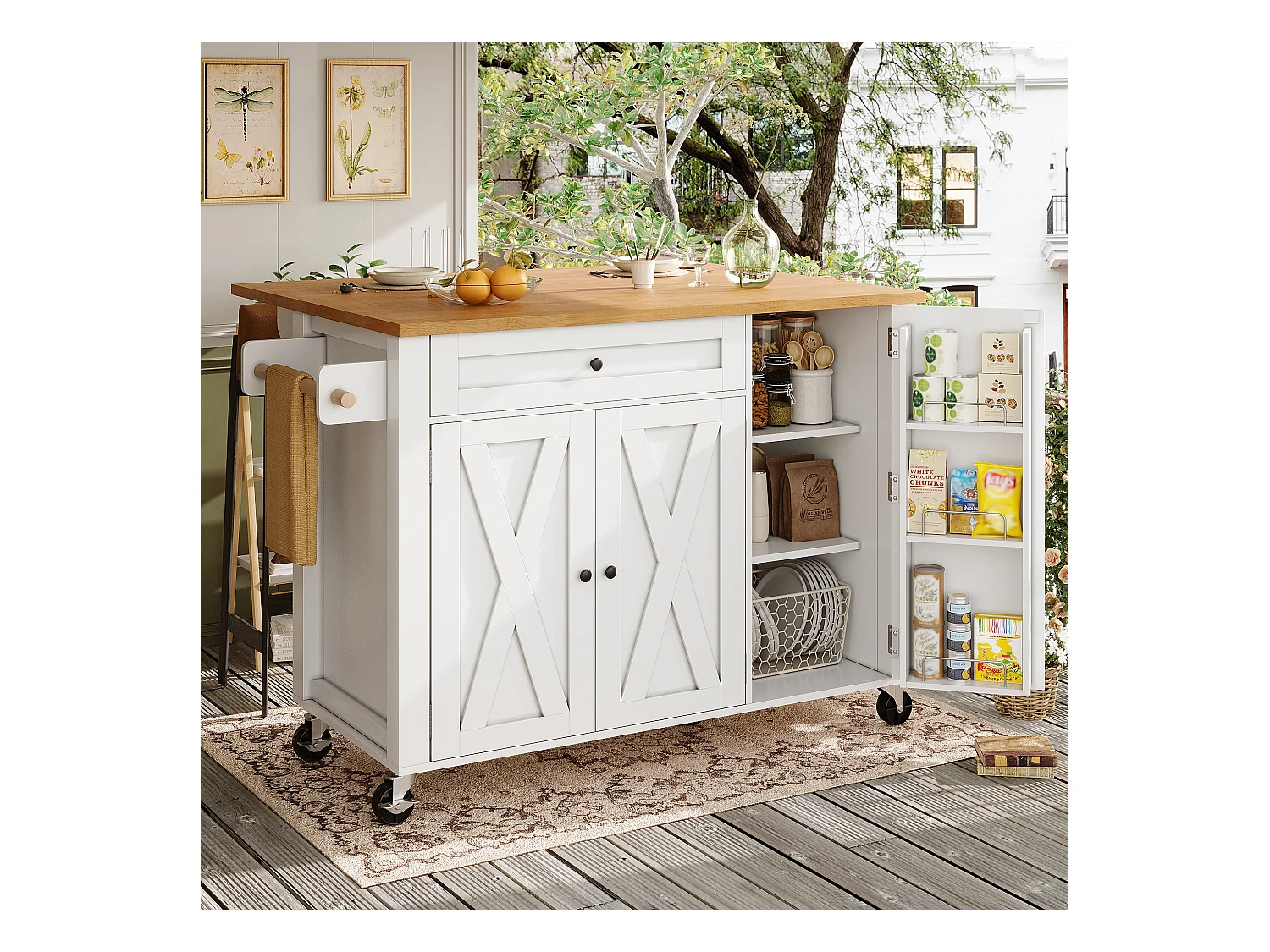 Îlot central extensible à roulettes - 99 x 70 (40) x 90 cm - avec étagères + 3 portes + 1 tiroir - MDF + métal - blanc