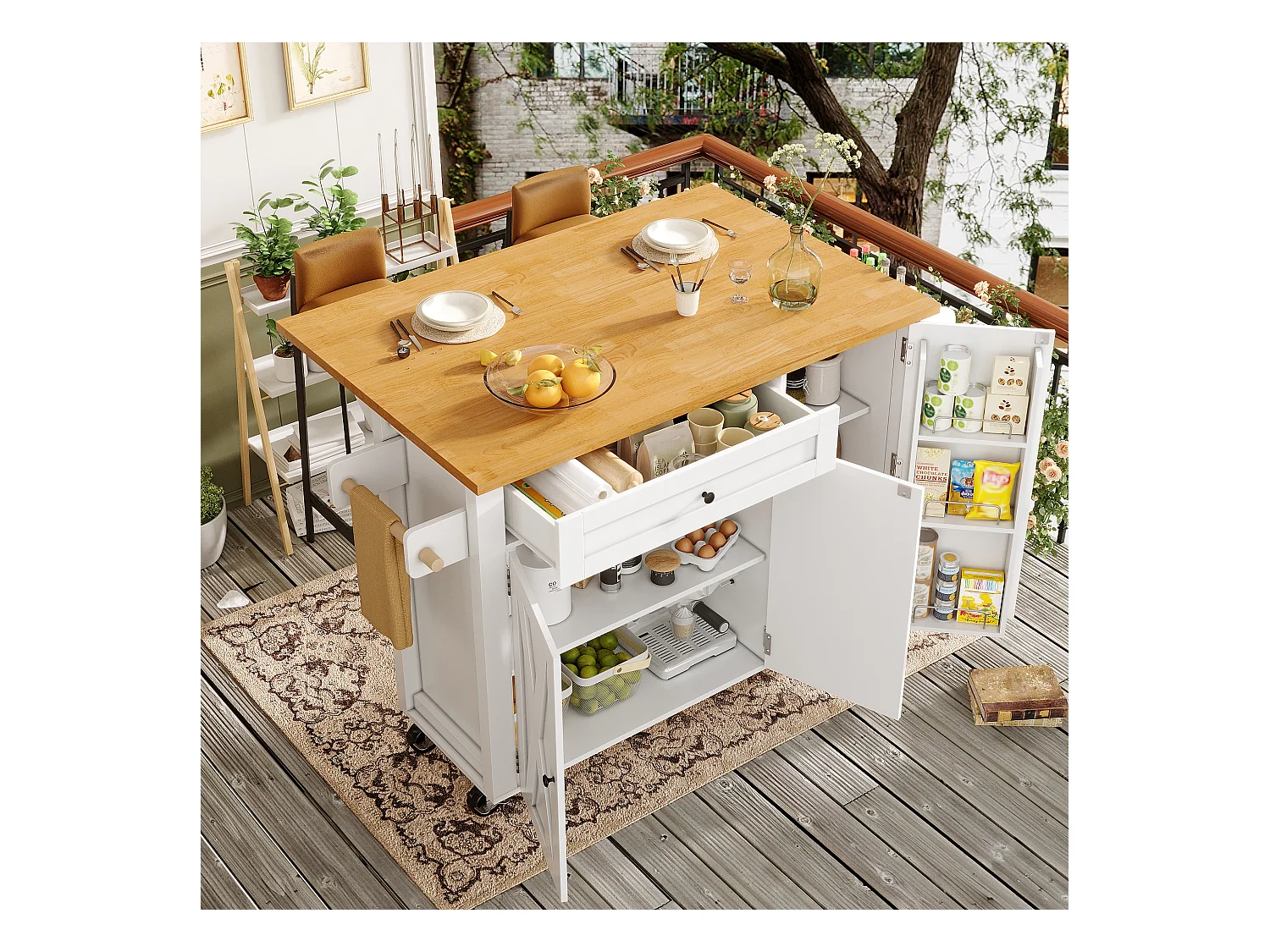 Îlot central extensible à roulettes - 99 x 70 (40) x 90 cm - avec étagères + 3 portes + 1 tiroir - MDF + métal - blanc