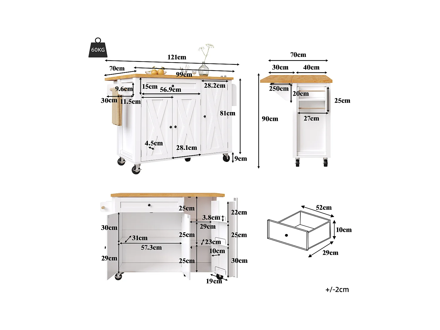 Îlot central extensible à roulettes - 99 x 70 (40) x 90 cm - avec étagères + 3 portes + 1 tiroir - MDF + métal - blanc